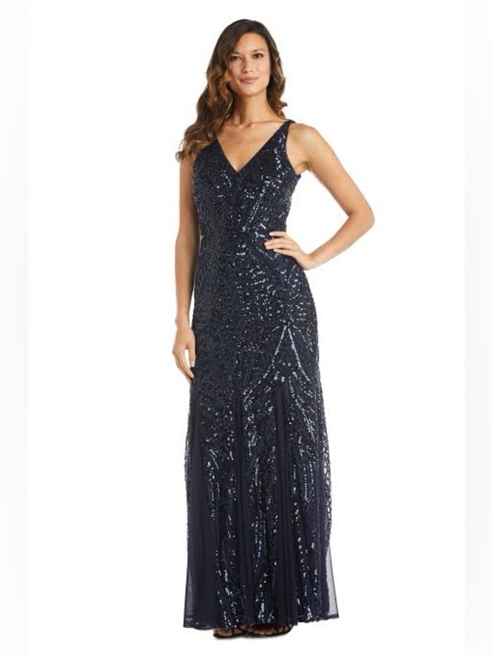 Adrianna Pappell Sleeveless Beaded V-Neck Formal Dress - Navy